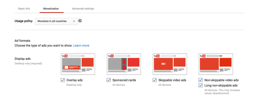 Different advertising options youtube-options